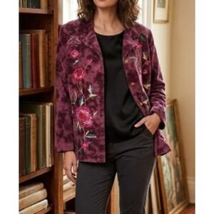 Indigo Moon Jacket Women Size 1X Purple Floral Embroidery Velvet Button Front
